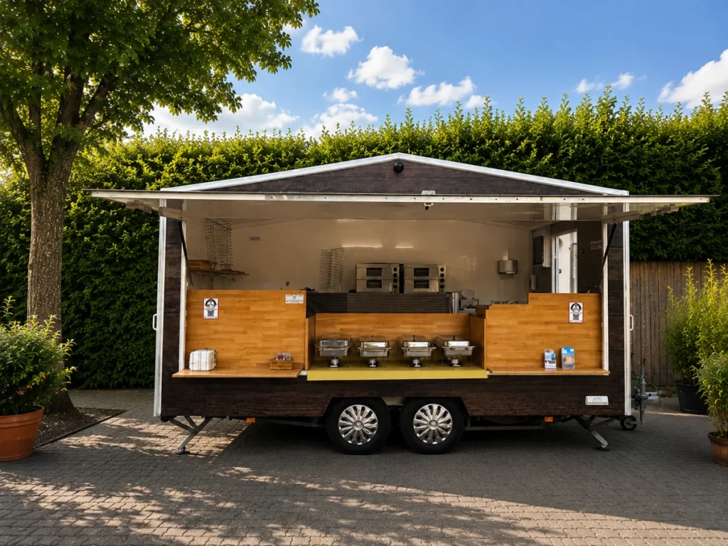 Geöffneter Flammkuchen-Anhänger im Holzhaus-Design mit Backöfen und Ausgabe